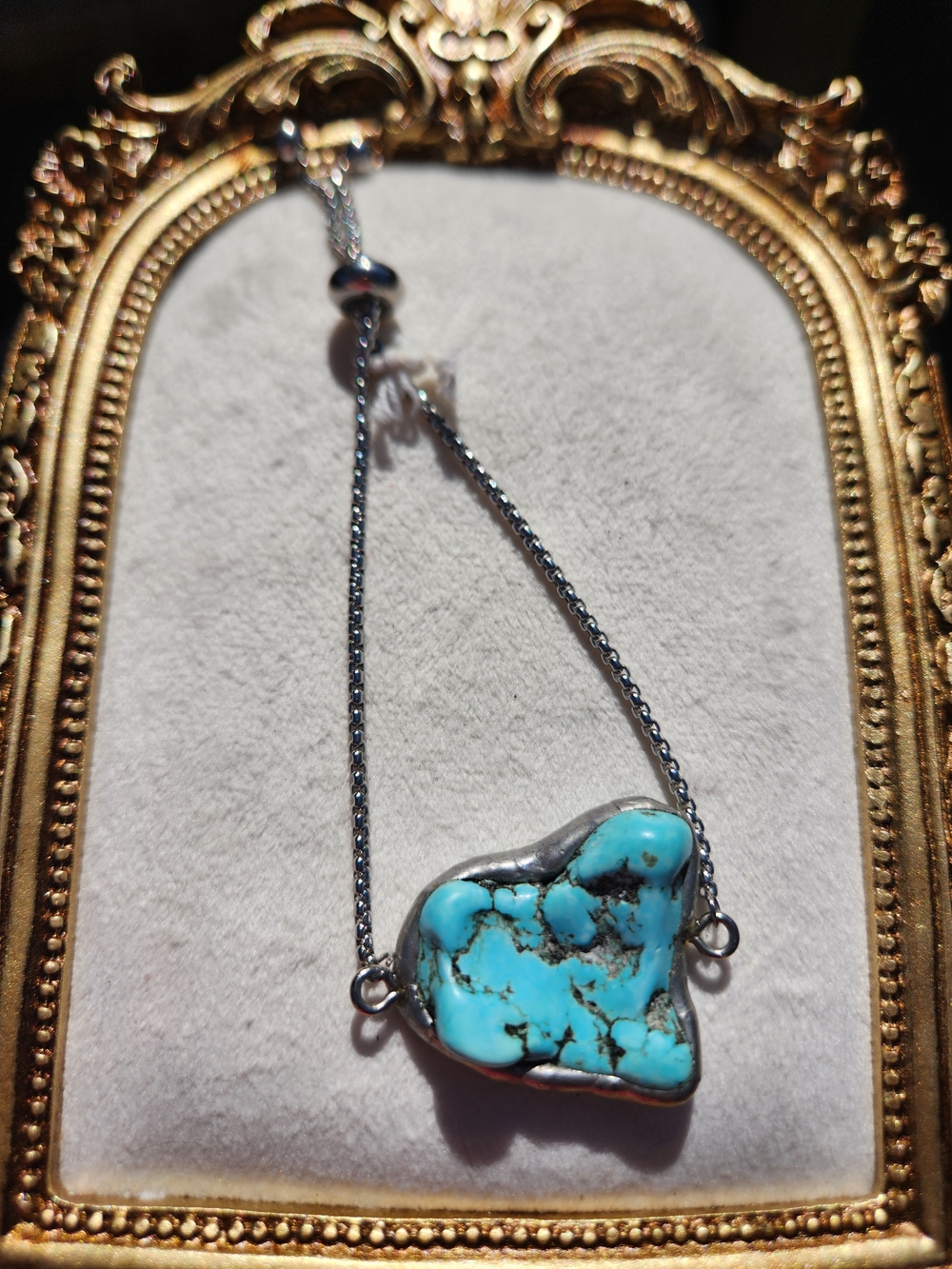 Turquoise  Large Raw Turquoise Stone And Silver Plated Adjusatable Bracelet